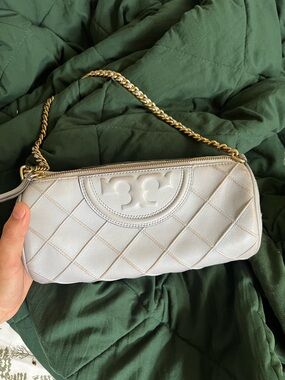 Tory Burch Quilted Gray Chain Shoulder Bag with Gold Hardware